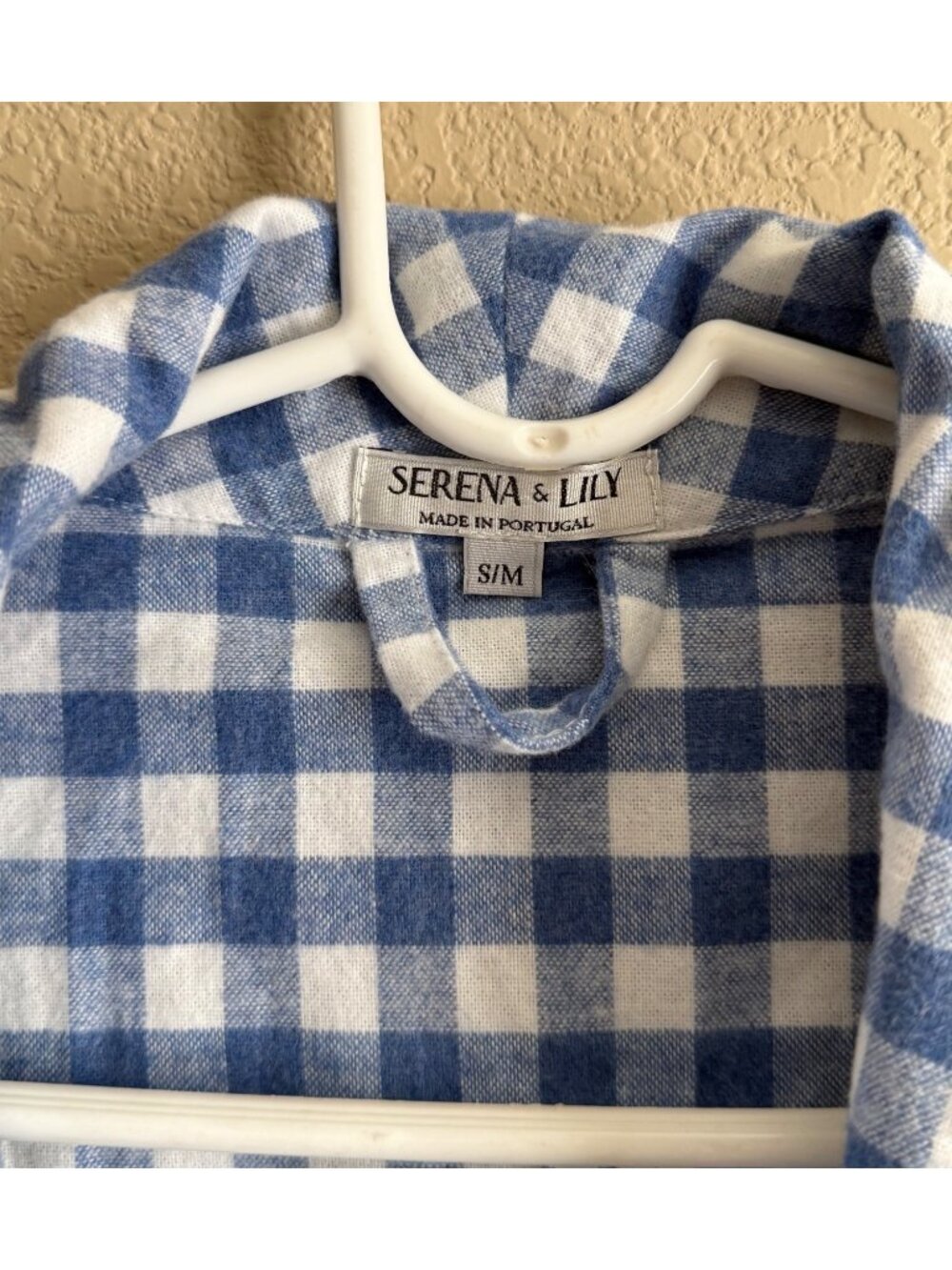 SERENA & LILY Women's Gingham Flannel Robe Brushed Cotton Blue White - Picture 3 of 9